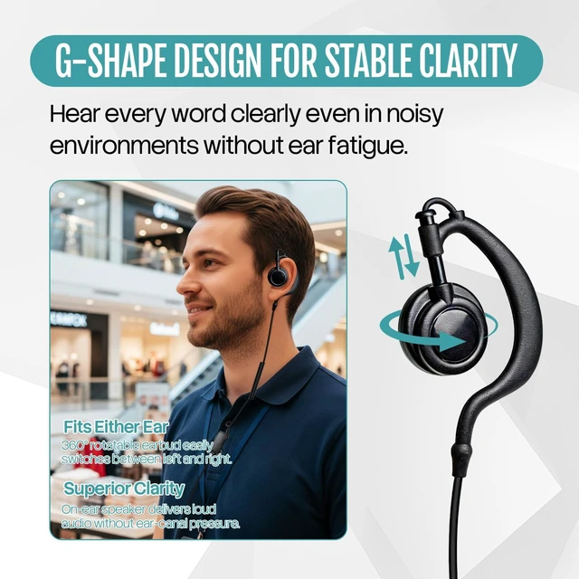 Alt view image 4 of 7 - SVXSODA HC15-921 Two-Way Radio Headset with PTT Mic, 360°Rotatable G-Hook, TPU+Kevlar Reinforced Cable, Compatible with Motorola Baofeng Kenwood for Police Security