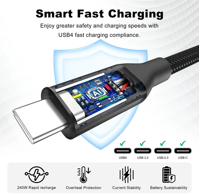 Alt view image 3 of 6 - USB 4 Cable 16.5FT /5M, 20Gbps Data Transfer & 240W PD 3.1 Charging | Supports 5K/4K@60Hz Video, Compatible with Thunderbolt 4/3, MacBook, SSD, Docking Station, VR Headset, XPS, Surface Pro,black