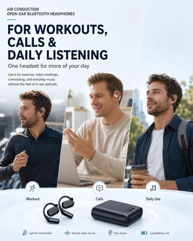 Alt view image 4 of 7 - HZMFNWX Air Conduction Open-Ear Bluetooth Headphones Wireless Sports Headphones with Mic, Lightweight Open-Ear Earbuds, Sweat Resistant Secure Fit Headset for Running Cycling Gym Walking(Black-1pc)