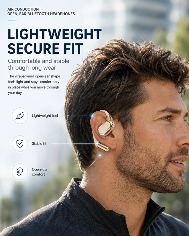 Alt view image 5 of 7 - HZMFNWX Air Conduction Open-Ear Bluetooth Headphones Wireless Sports Headphones with Mic, Lightweight Open-Ear Earbuds, Sweat Resistant Secure Fit Headset for Running Cycling Gym Walking(Black-1pc)