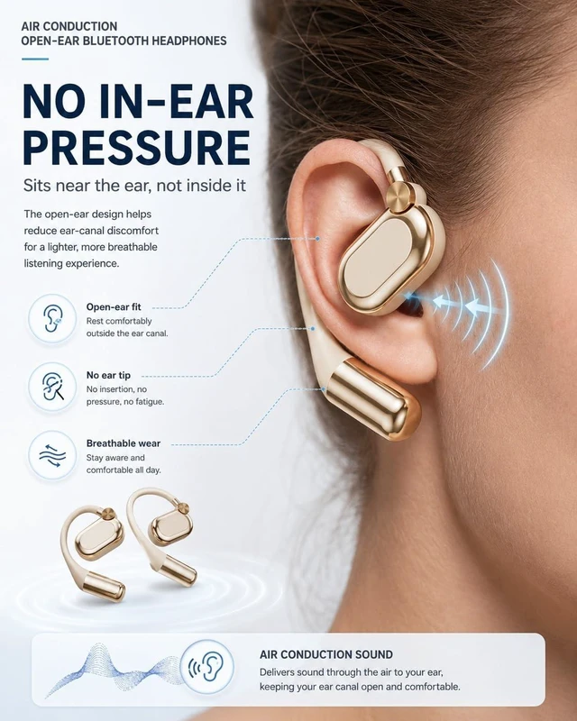 Alt view image 3 of 7 - HZMFNWX Air Conduction Open-Ear Bluetooth Headphones Wireless Sports Headphones with Mic, Lightweight Open-Ear Earbuds, Sweat Resistant Secure Fit Headset for Running Cycling Gym Walking(Black-1pc)