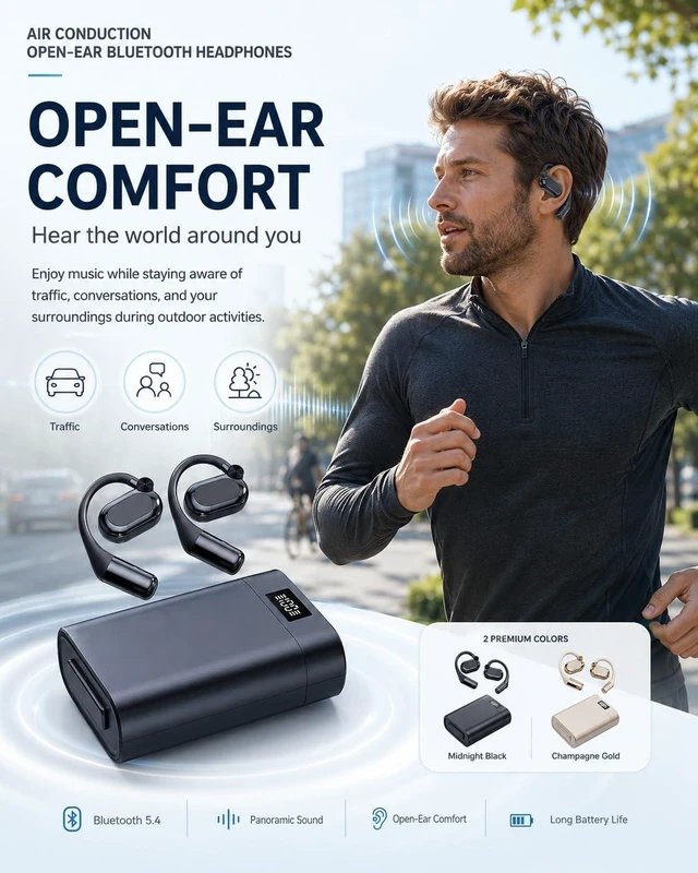 Alt view image 2 of 7 - HZMFNWX Air Conduction Open-Ear Bluetooth Headphones Wireless Sports Headphones with Mic, Lightweight Open-Ear Earbuds, Sweat Resistant Secure Fit Headset for Running Cycling Gym Walking(Black-1pc)