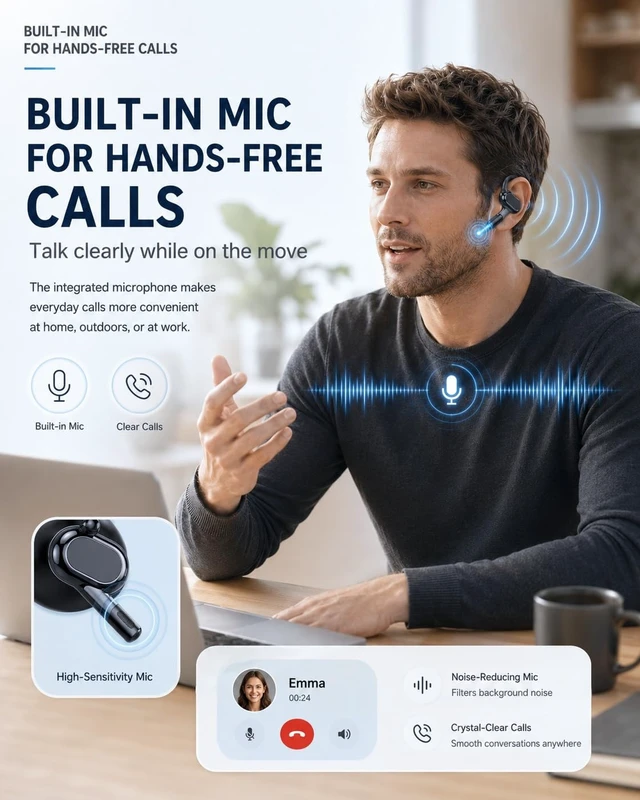 Alt view image 6 of 7 - HZMFNWX Air Conduction Open-Ear Bluetooth Headphones Wireless Sports Headphones with Mic, Lightweight Open-Ear Earbuds, Sweat Resistant Secure Fit Headset for Running Cycling Gym Walking(Black-1pc)