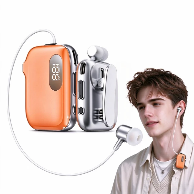 Main image of Retractable Clip-on Bluetooth Headset with ENC Dual Mic, 90H,Orange | 30-Min Fast Charging, LED Power Display, IPX4 Waterproof, Vibration Call Alert, Dual Phone Connection