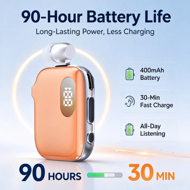 Alt view image 2 of 7 - Retractable Clip-on Bluetooth Headset with ENC Dual Mic, 90H,Orange | 30-Min Fast Charging, LED Power Display, IPX4 Waterproof, Vibration Call Alert, Dual Phone Connection