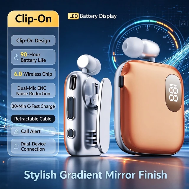 Alt view image 6 of 7 - Retractable Clip-on Bluetooth Headset with ENC Dual Mic, 90H,Orange | 30-Min Fast Charging, LED Power Display, IPX4 Waterproof, Vibration Call Alert, Dual Phone Connection