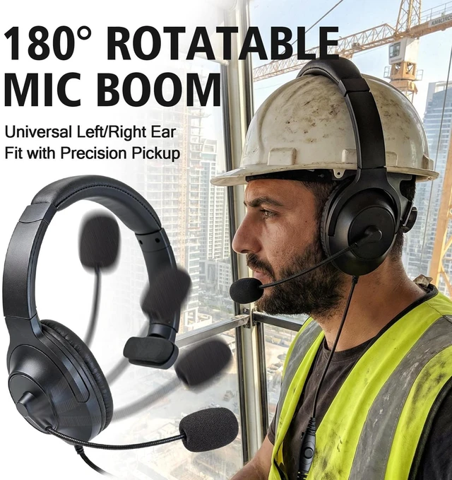 Alt view image 6 of 7 - HELETUL One-side Walkie Talkie Headphones Over The Ear Ptt Headset Boom Microphone Headband Earpiece for Midland 2pin Walkie Talkies (Big Earmuff)