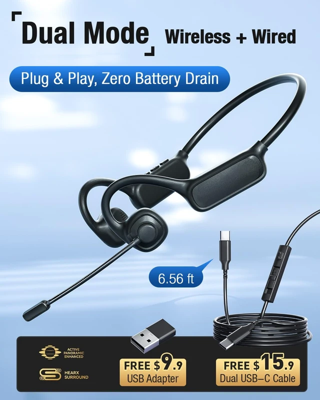 Alt view image 3 of 7 - Open Ear Headphones with Mic, Dual-Mode Wireless Bluetooth 5.4+ USB-C Wired Headset, Bluetooth Headphones with 20Hrs Battery, Noise Cancelling Mic, Hi-Fi Stereo Sound Headphones for Driving,Work,Sport