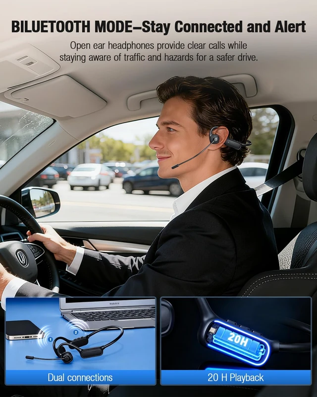 Alt view image 4 of 7 - Open Ear Headphones with Mic, Dual-Mode Wireless Bluetooth 5.4+ USB-C Wired Headset, Bluetooth Headphones with 20Hrs Battery, Noise Cancelling Mic, Hi-Fi Stereo Sound Headphones for Driving,Work,Sport