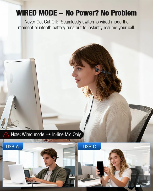 Alt view image 5 of 7 - Open Ear Headphones with Mic, Dual-Mode Wireless Bluetooth 5.4+ USB-C Wired Headset, Bluetooth Headphones with 20Hrs Battery, Noise Cancelling Mic, Hi-Fi Stereo Sound Headphones for Driving,Work,Sport