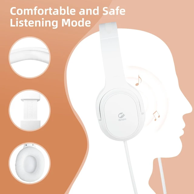 Alt view image 7 of 7 - ibrain USB C Air Tube Headset Type C Airtube Over-Ear Headpohones Wired Air Tube Earphones with Volume Control - White