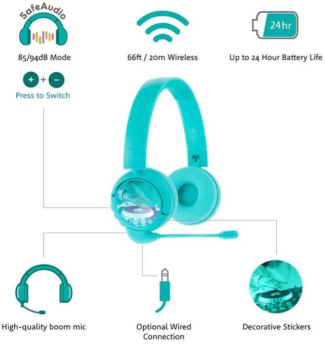 Alt view image 6 of 7 - Made for Amazon Bluetooth Kids Headphones with Boom Microphone Age (7-12) | Teal