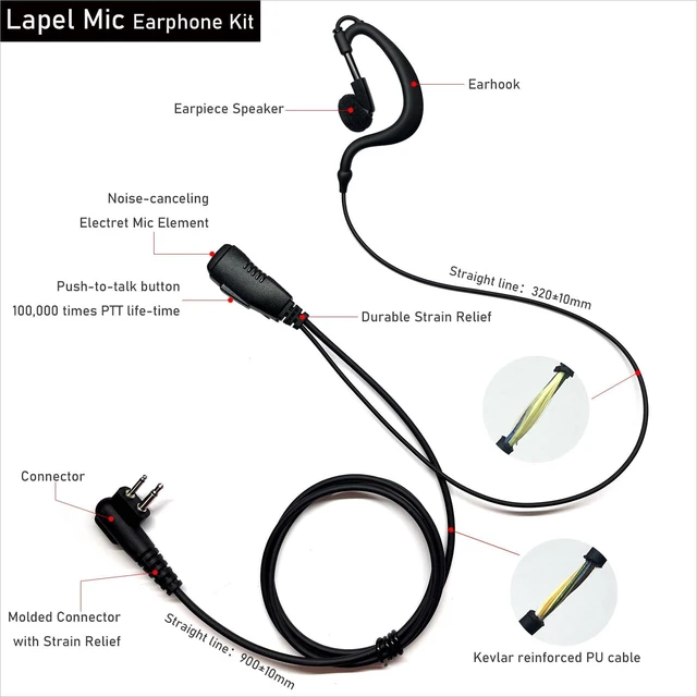 Alt view image 2 of 5 - MONICONA G Shape Earhook Headset for Motorola R2 CP100D CP200D CP185 CP200 DLR1020 CLS1110 SLS1410 DTR410 DTR700 RDU4100 RDU4160D RMM2050 RMU2040 RMU2080D VL50, 2 Pin Earpiece w/Mic (Pack of 2)