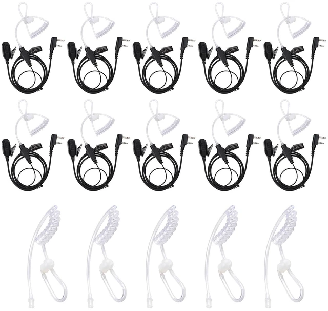 Main image of KPBAB 10-Pack Acoustic Tube Earpiece with Mic, K-Type 2-Pin Radio Headset | Walkie talkie earpiece with PTT; compatible with Baofeng UV-5R, UV-82, BF-888S and selected Kenwood 2-pin radios.