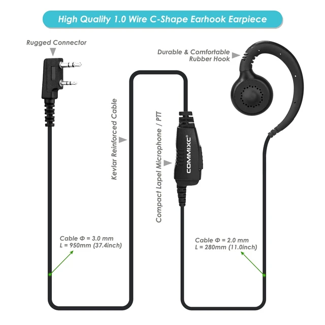 Alt view image 5 of 7 - 2-Pack Walkie Talkie Earpiece w Mic 2-Pin Compatible with Kenwood Bao Feng | Two Way Radio Headset with PTT, 180° rotatable Earbud