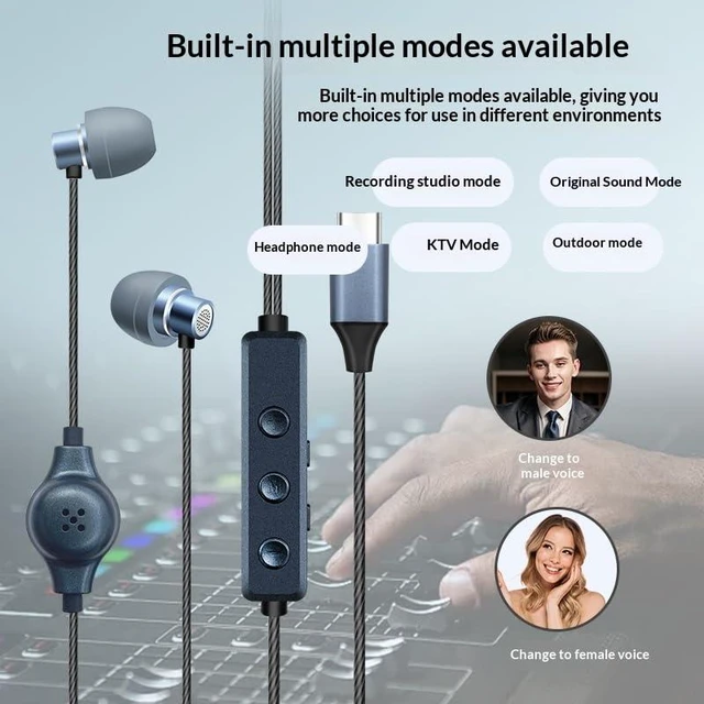 Alt view image 3 of 7 - hosabely All-in-One Karaoke Headset with Built-in Sound Card, Voice ChangerReverb. in-Ear Monitor, Portable Audio Interface, for Live Streaming, Recording, Gaming, Calls, Gift (Blue)