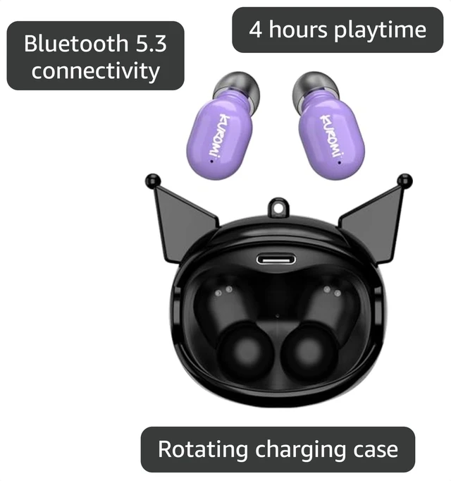 Alt view image 3 of 7 - Hello Kitty Kuromi Wireless Bluetooth Earbuds with Rotating Charging Case | Built-in Mic, Hands-Free Calling, Purple and Black Design for Kids & Fans | Flip Face Feature