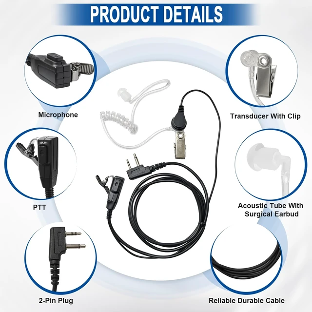 Alt view image 2 of 7 - 5 Pack AVPH3 Surveillance Earpiece with PTT/VOX Mic for Midland GTX1000 | Transparent Security Headsets Earpiece Also Fit lxt600vp4 ltx600pa lxt500pa LXT600 GXT1000VP4