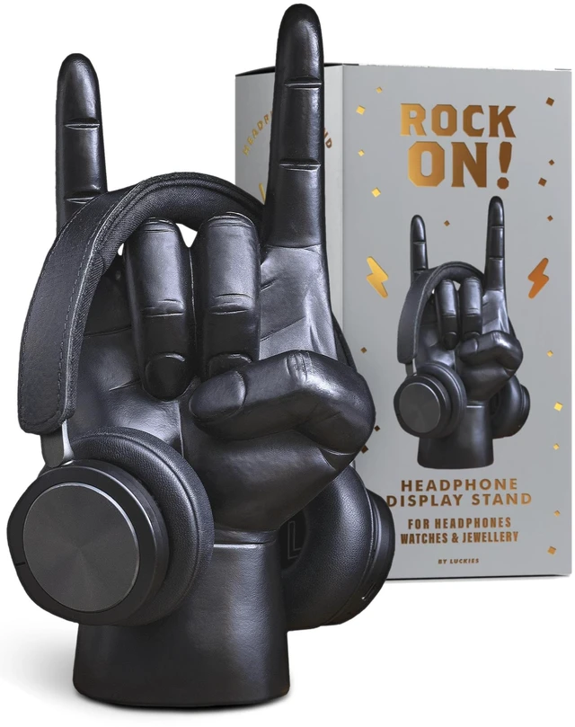 Main image of Luckies Headphone Stand - Headphone Holder - Rock On Hand - Headset Stand - Mens Jewellery Holder - Mens Desk Accessories - Controller Holders - Guitar Accessories - Desk Tidy - Dad Rock Gifts - Black