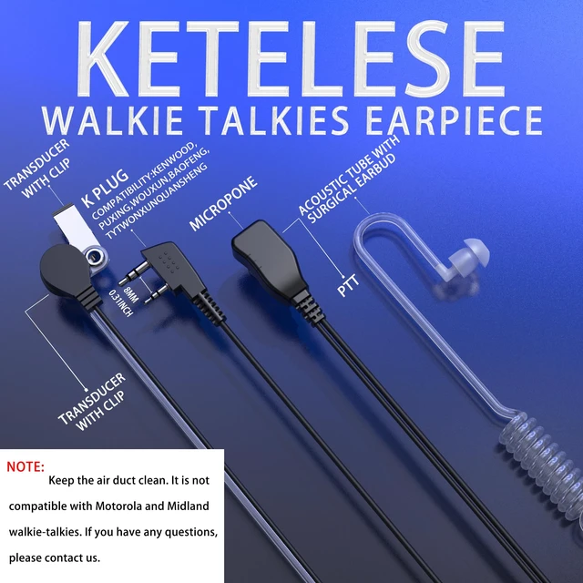 Alt view image 3 of 7 - KETELESE 2 Pin Air Acoustic Tube Surveillance Headset, 2Pack | 2-pin, Compatible with Baofeng, Kenwood, Retevis 2-pin two way radio