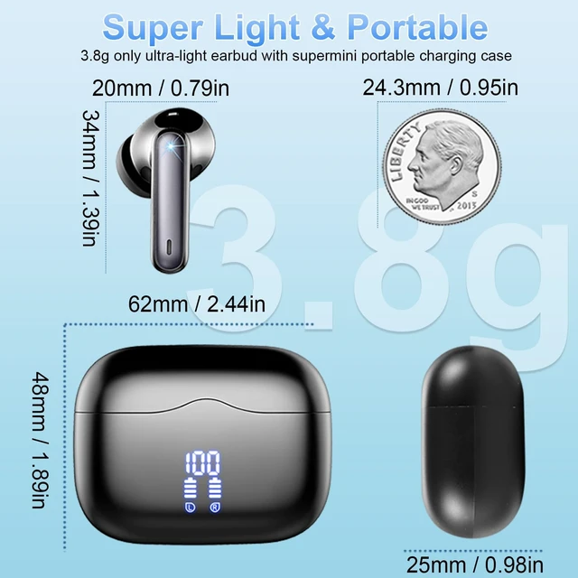 Alt view image 6 of 6 - Wireless Earbuds, Bluetooth Ear Buds 5.4 Mini HiFi Stereo with 4 ENC Noise Cancelling Mics Wireless Headphones, in Ear Earphones 40H IP7 Waterproof, USB C, Bluetooth Headset for Sports, Gym, Workout