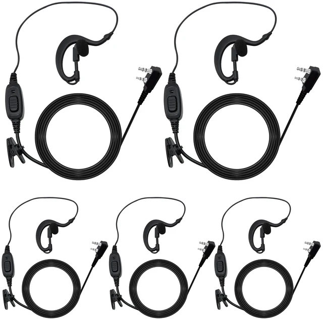 Main image of Walkie Talkie Earpiece 2 Pin G Shape Headset for Baofeng UV-5R H-777 5 Pack | 2-Pin K-Plug, Single Wire Earhook, In-Line Mic PTT, Radio Headset Compatible with Retevis H-777 RT21 RT22 Kenwood TK-3402