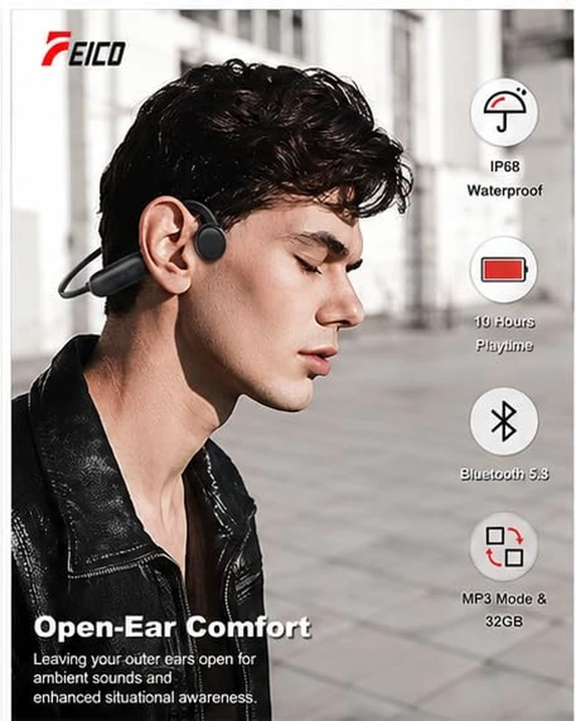 Alt view image 3 of 7 - Eletronova Bone Conduction Headphones with Built-in MP3 32GB Sports Headset, IP68 Waterproof, Bluetooth 5.3 Open-Ear Earphones for Swimming, Running, Cycling & Driving, Mic Included