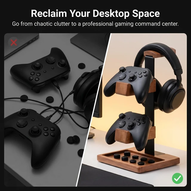 Alt view image 4 of 6 - Wooden Headphone and Controller Stand for Desk, Holds 1 Headset 2 Gamepads | Solid wood desktop organizer display holder for PS5, Xbox, Switch controllers & gaming headsets. Desk accessories with tray