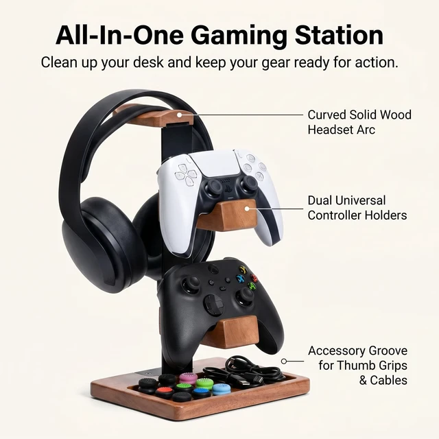 Alt view image 5 of 6 - Wooden Headphone and Controller Stand for Desk, Holds 1 Headset 2 Gamepads | Solid wood desktop organizer display holder for PS5, Xbox, Switch controllers & gaming headsets. Desk accessories with tray
