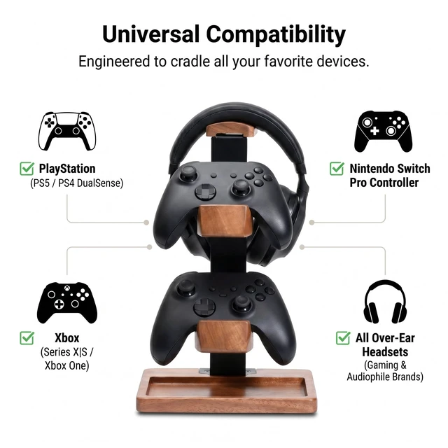 Alt view image 6 of 6 - Wooden Headphone and Controller Stand for Desk, Holds 1 Headset 2 Gamepads | Solid wood desktop organizer display holder for PS5, Xbox, Switch controllers & gaming headsets. Desk accessories with tray