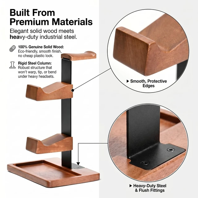 Alt view image 2 of 6 - Wooden Headphone and Controller Stand for Desk, Holds 1 Headset 2 Gamepads | Solid wood desktop organizer display holder for PS5, Xbox, Switch controllers & gaming headsets. Desk accessories with tray