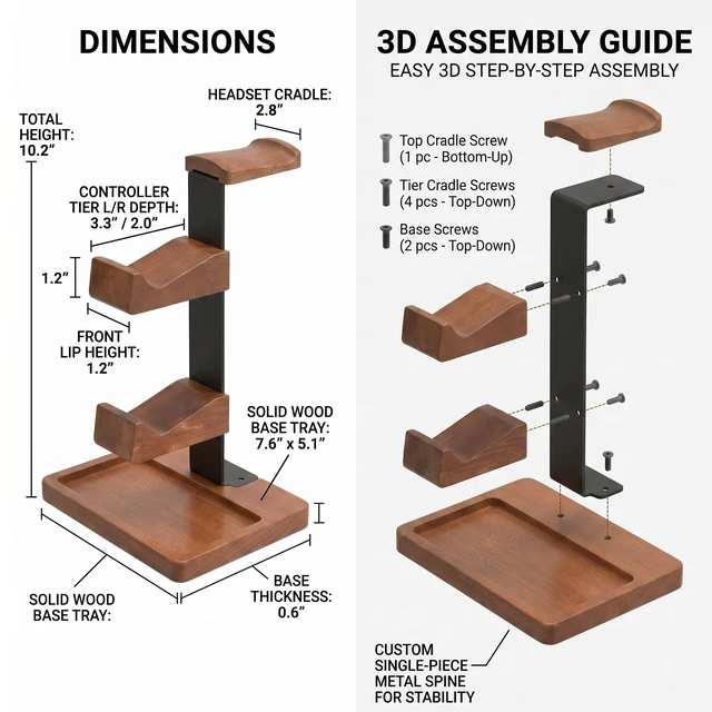 Alt view image 3 of 6 - Wooden Headphone and Controller Stand for Desk, Holds 1 Headset 2 Gamepads | Solid wood desktop organizer display holder for PS5, Xbox, Switch controllers & gaming headsets. Desk accessories with tray