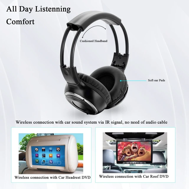 Alt view image 3 of 7 - JYSiptkird Universal 2 Channel IR Foldable Headphones,Kids Wireless Headphones for Universal Car Entertainment System,Infrared Headset for Car DVD Video (2 Pack)