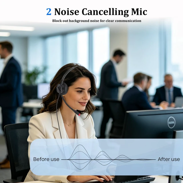 Alt view image 2 of 7 - Callez Wired USB Headset with ENC Dual Noise Cancelling Mic | Computer Headset with In-line Controls, Office Computer Headphones for Teams Skype Webinar Home Office Work Call Center