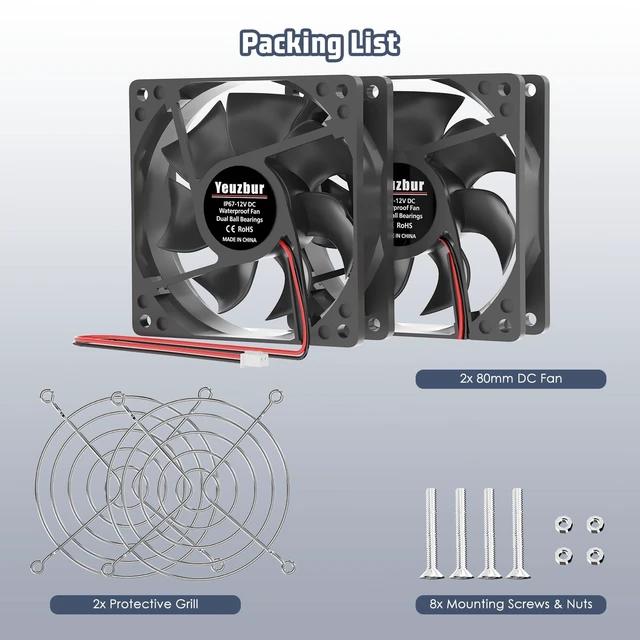 Alt view image 2 of 6 - IP67 Waterproof Fan 80×25mm 12v Fan DC 2-Pin 2-Pack | 12 volt fan Brushless Cooling Fan, For RV Fridge Greenhouse Cabinets, DIY Ventilation 12 v fans 12 volt outdoor fan