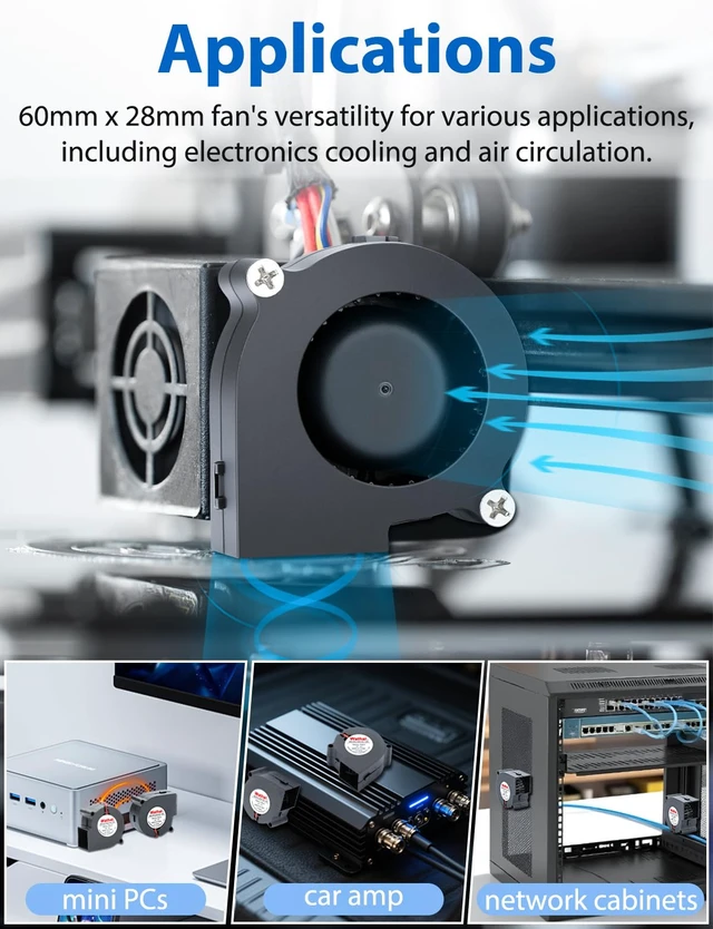 Alt view image 2 of 6 - 12V DC Centrifugal Blower Fan 60mm x 28mm 2 Inch Squirrel Cage Turbo | 60mm blower 2 Inch Squirrel Cage Turbo Cooling Fan High Speed for Car Amp, 3D Printer, RV Fridge, PC, Humidifier