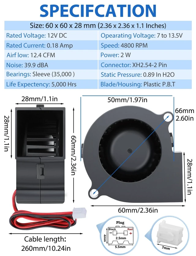 Alt view image 6 of 6 - 12V DC Centrifugal Blower Fan 60mm x 28mm 2 Inch Squirrel Cage Turbo | 60mm blower 2 Inch Squirrel Cage Turbo Cooling Fan High Speed for Car Amp, 3D Printer, RV Fridge, PC, Humidifier