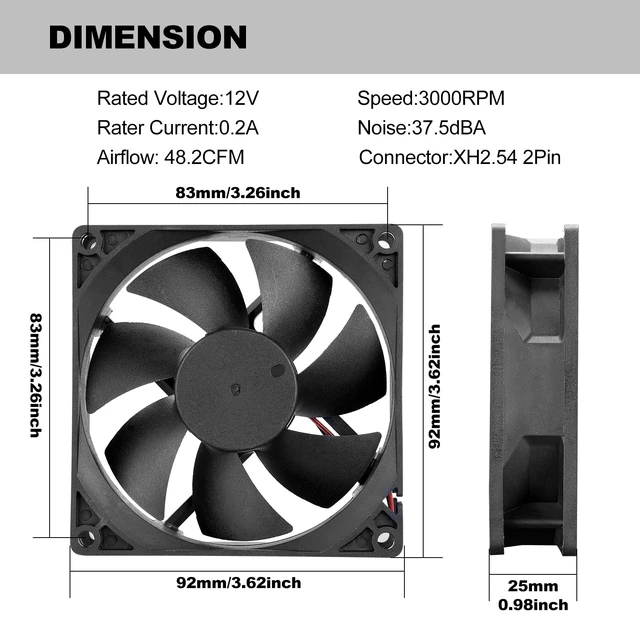 Alt view image 4 of 6 - 92mm 90mm 12V DC High Airflow Moisture-Proof Fan 2Pin XH2.54 3000RPM 2-Pack | Small Square IP44 Strong Airflow Quiet 2-Pin XH2.54 Cooling & Exhaust Fan for RV Refrigerators, Electronics in Humid Areas