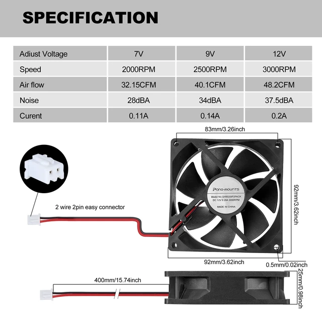 Alt view image 6 of 6 - 92mm 90mm 12V DC High Airflow Moisture-Proof Fan 2Pin XH2.54 3000RPM 2-Pack | Small Square IP44 Strong Airflow Quiet 2-Pin XH2.54 Cooling & Exhaust Fan for RV Refrigerators, Electronics in Humid Areas