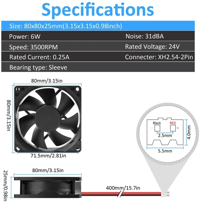 Alt view image 4 of 6 - 24V DC 80mm 80x25mm 2Pin Exhaust Muffin Cooling Fan 3500RPM 2-Pack | 24V Wide Voltage Long Life Bearing Cooling Fan 2-Pin XH-2.54 connector Fits for Industrial and PC Needs