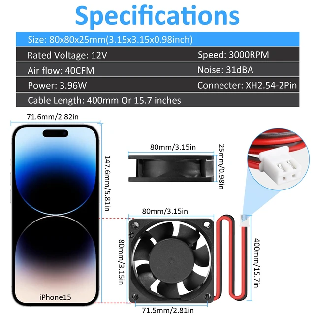 Alt view image 2 of 7 - 80x25mm12V DC High-Performance 2-Pin XH2.54 Electronics Cooling Fan 2-Pack | 3.15inch 2-Pin XH2.54 Long Life Sleeve Bearing Fan for Desktop PC PSU Incubator Electronics Equipment