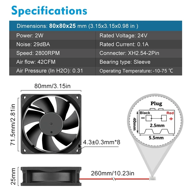 Alt view image 7 of 7 - 80mm 24V DC Brushless Cooling Fan 2Pin 24Volt High Speed Amp Fan | 2 Pack 3 Inch Fan High Speed for DIY Ventilation Exhaust Projects Cooling