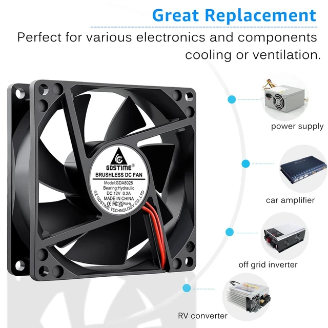 Alt view image 2 of 7 - 2 Pack 80mm x 80mm x 25mm 12V DC Brushless Cooling Fan 2Pin | 80x80x25mm, 8025, 12Volt, PC Computer Case Fans, Replacement for Car Amplifier, DIY RV Fridge, Inverter, Desktop Power Supply