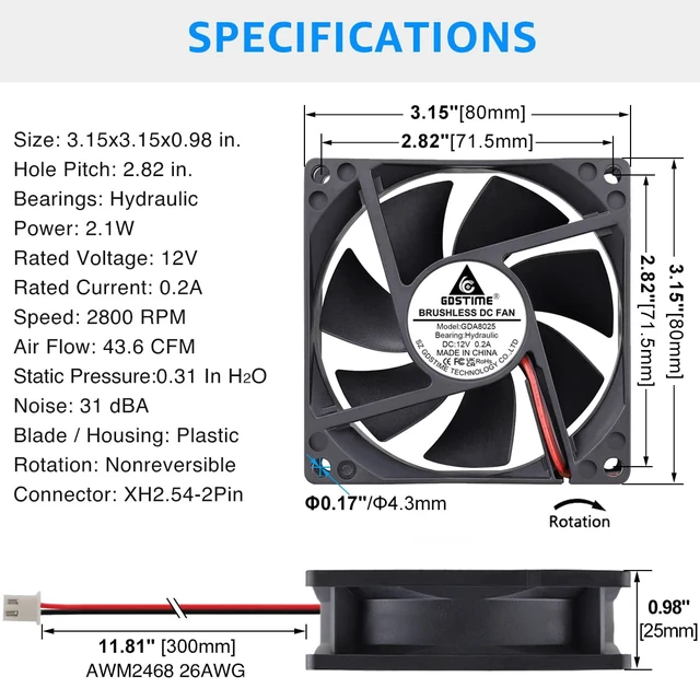 Alt view image 6 of 7 - 2 Pack 80mm x 80mm x 25mm 12V DC Brushless Cooling Fan 2Pin | 80x80x25mm, 8025, 12Volt, PC Computer Case Fans, Replacement for Car Amplifier, DIY RV Fridge, Inverter, Desktop Power Supply