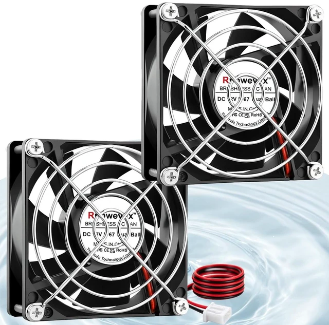 Main image of 2 Pack IP67 80mm Waterproof Computer Fan 12V DC 2P for DIY Cooling | Dual Ball Bearing High Speed Small 12v Fan for RV Fridge Greenhouse solar generators PSU chicken coops Electronics Cabinet