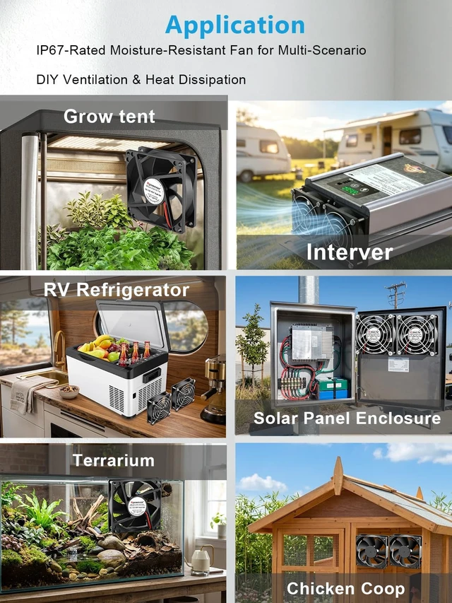 Alt view image 2 of 6 - 2 Pack IP67 80mm Waterproof Computer Fan 12V DC 2P for DIY Cooling | Dual Ball Bearing High Speed Small 12v Fan for RV Fridge Greenhouse solar generators PSU chicken coops Electronics Cabinet