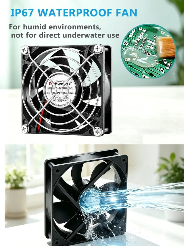 Alt view image 3 of 6 - 2 Pack IP67 80mm Waterproof Computer Fan 12V DC 2P for DIY Cooling | Dual Ball Bearing High Speed Small 12v Fan for RV Fridge Greenhouse solar generators PSU chicken coops Electronics Cabinet