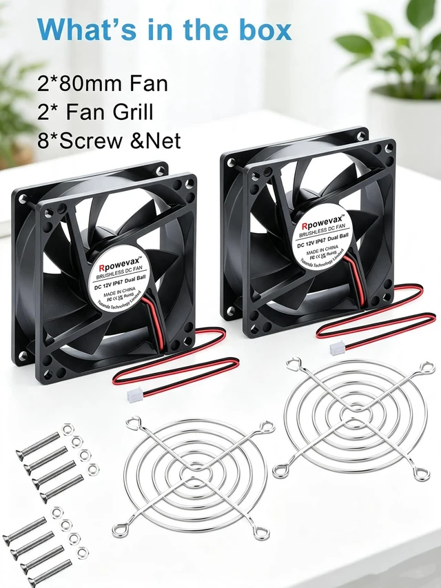Alt view image 5 of 6 - 2 Pack IP67 80mm Waterproof Computer Fan 12V DC 2P for DIY Cooling | Dual Ball Bearing High Speed Small 12v Fan for RV Fridge Greenhouse solar generators PSU chicken coops Electronics Cabinet