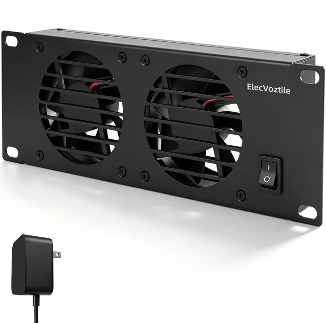 Main image of 10 inch 2U Rack Mount Fan Panel with Switch, Metal Case | 5V Adapter Included, 2-Fan, Exhaust Cooling, Ideal for 8U+ Mini Server Rack