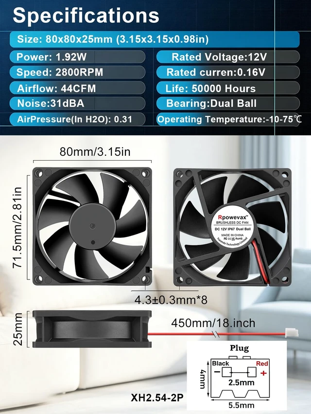 Alt view image 6 of 6 - 2 Pack IP67 80mm Waterproof Computer Fan 12V DC 2P for DIY Cooling | Dual Ball Bearing High Speed Small 12v Fan for RV Fridge Greenhouse solar generators PSU chicken coops Electronics Cabinet